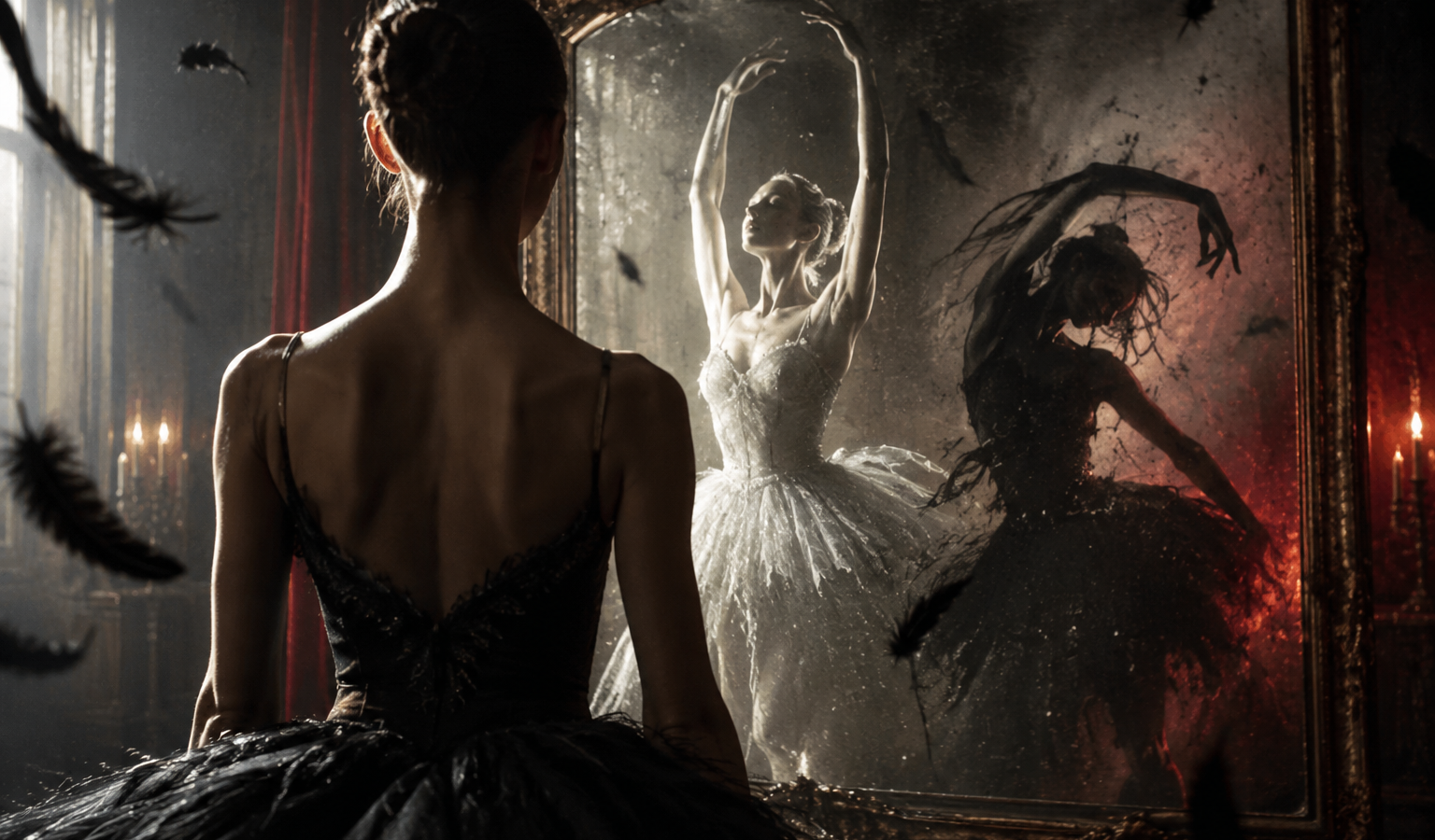 Ilustração de bailarina de costas diante de espelho, cujo reflexo reúne uma figura clara e outra escura, entre penas pretas.