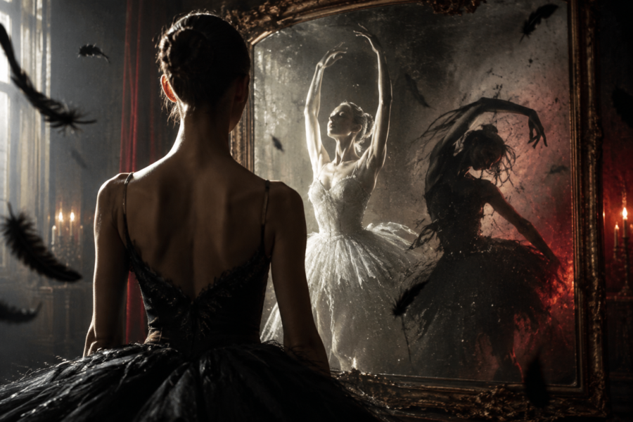 Ilustração de bailarina de costas diante de espelho, cujo reflexo reúne uma figura clara e outra escura, entre penas pretas.