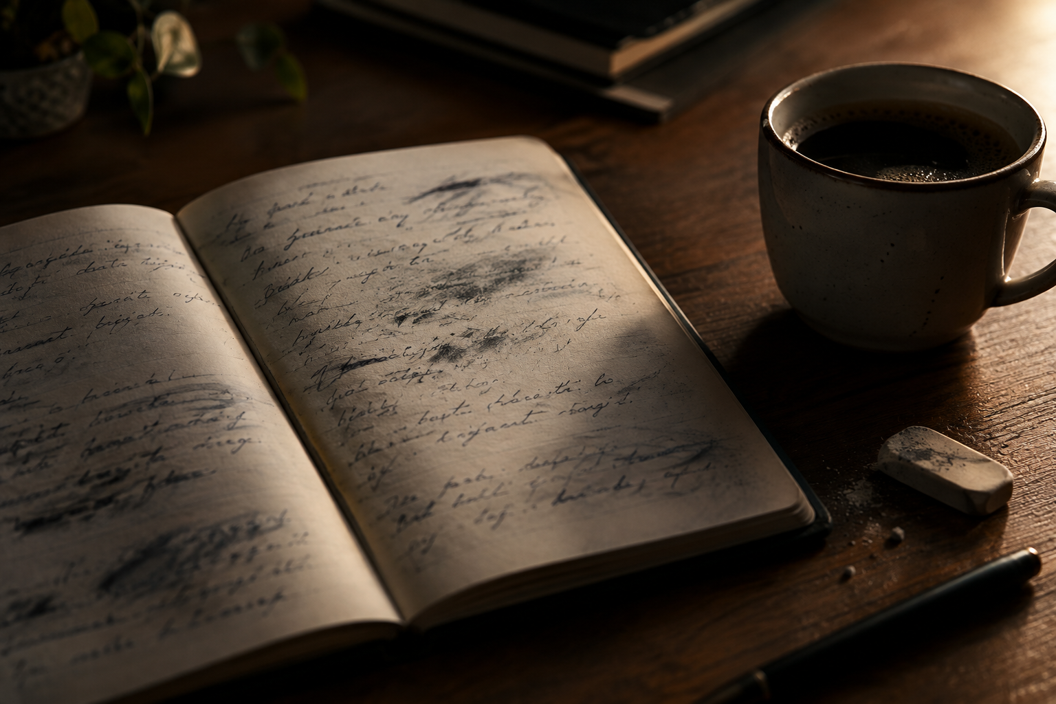 Caderno aberto com anotações manuscritas desfocadas sobre uma mesa, ao lado de uma xícara de café e uma borracha.