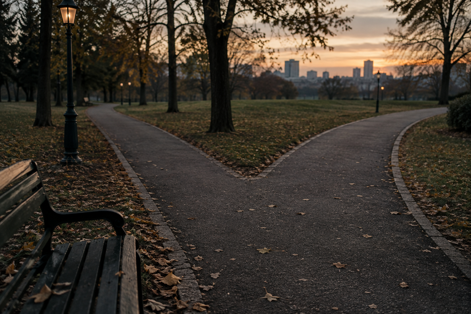 Dois caminhos pavimentados se bifurcam em um parque vazio ao entardecer, entre árvores, banco e postes acesos.