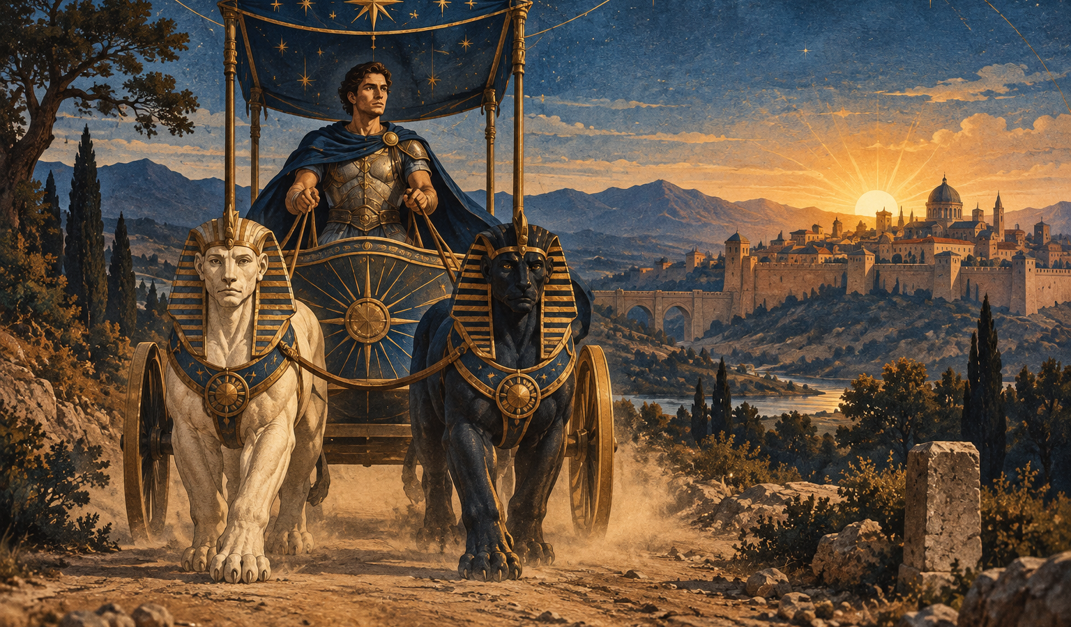 Ilustração de um jovem em carruagem puxada por duas esfinges, uma clara e outra escura, diante de uma cidade ao amanhecer.