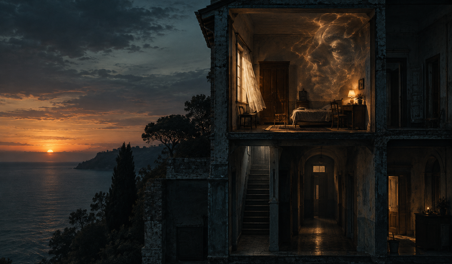 Casa antiga em corte ao entardecer, com quarto iluminado no andar superior e corredores escuros nos níveis abaixo, diante do mar.