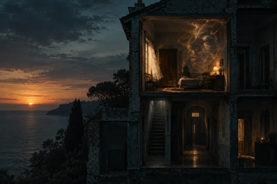 Casa antiga em corte ao entardecer, com quarto iluminado no andar superior e corredores escuros nos níveis abaixo, diante do mar.
