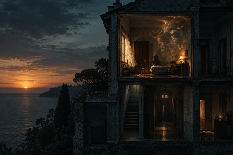 Casa antiga em corte ao entardecer, com quarto iluminado no andar superior e corredores escuros nos níveis abaixo, diante do mar.