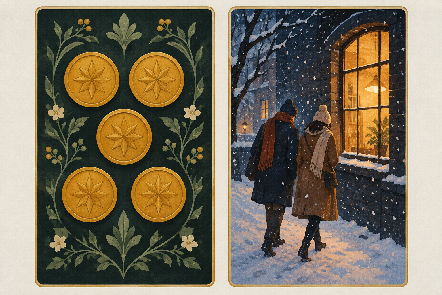 Ilustração em díptico mostra cinco moedas douradas entre ramos e duas pessoas caminhando na neve diante de uma janela iluminada.