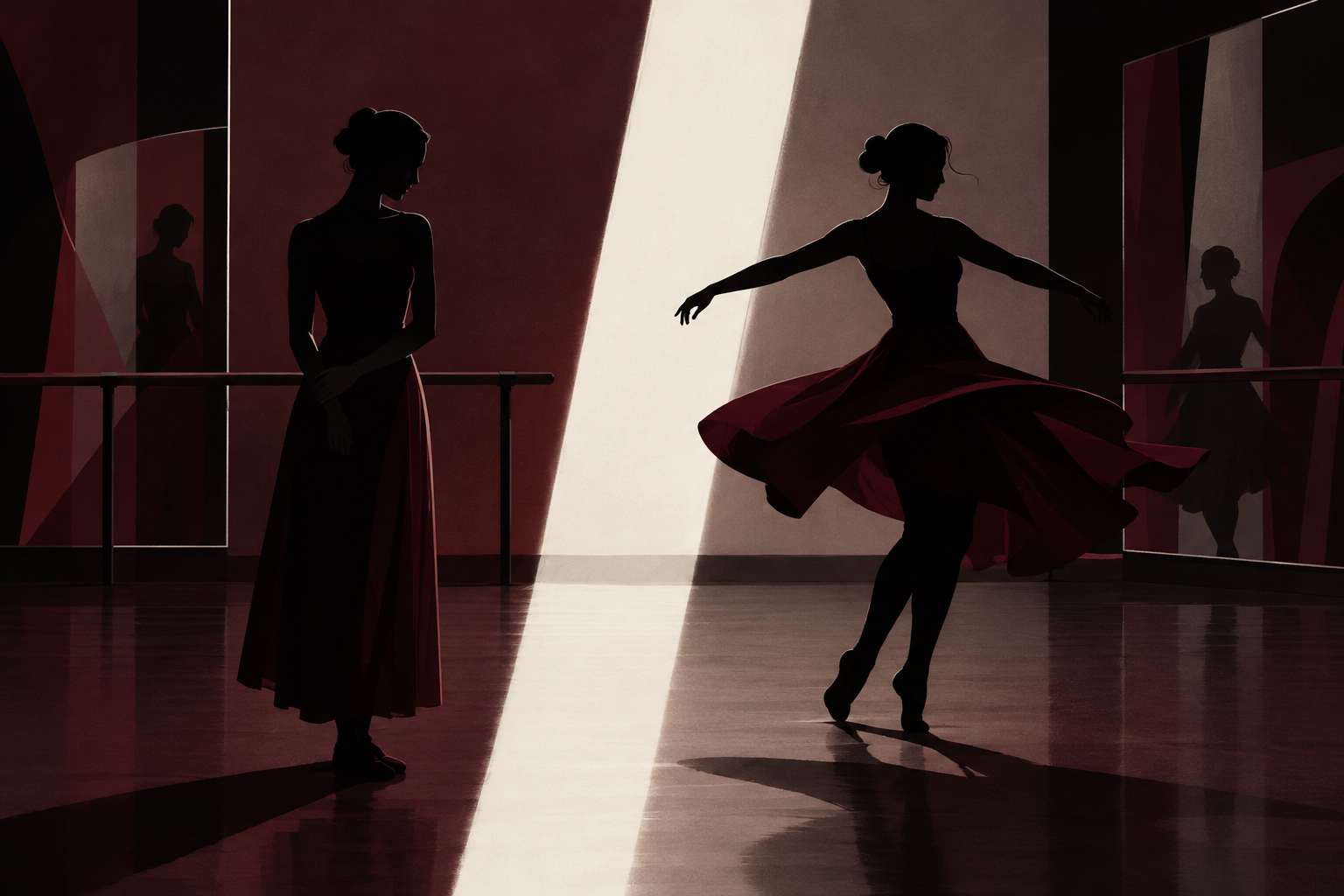 Ilustração de duas bailarinas em silhueta num estúdio com espelhos, uma imóvel e outra em giro sob uma faixa de luz.