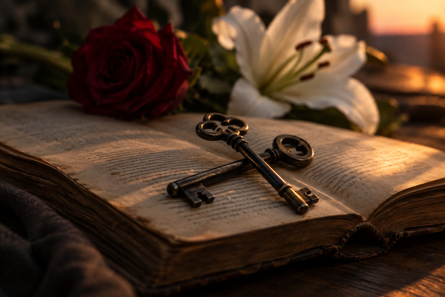 Duas chaves antigas cruzadas sobre um livro aberto, com uma rosa vermelha e um lírio branco ao fundo.