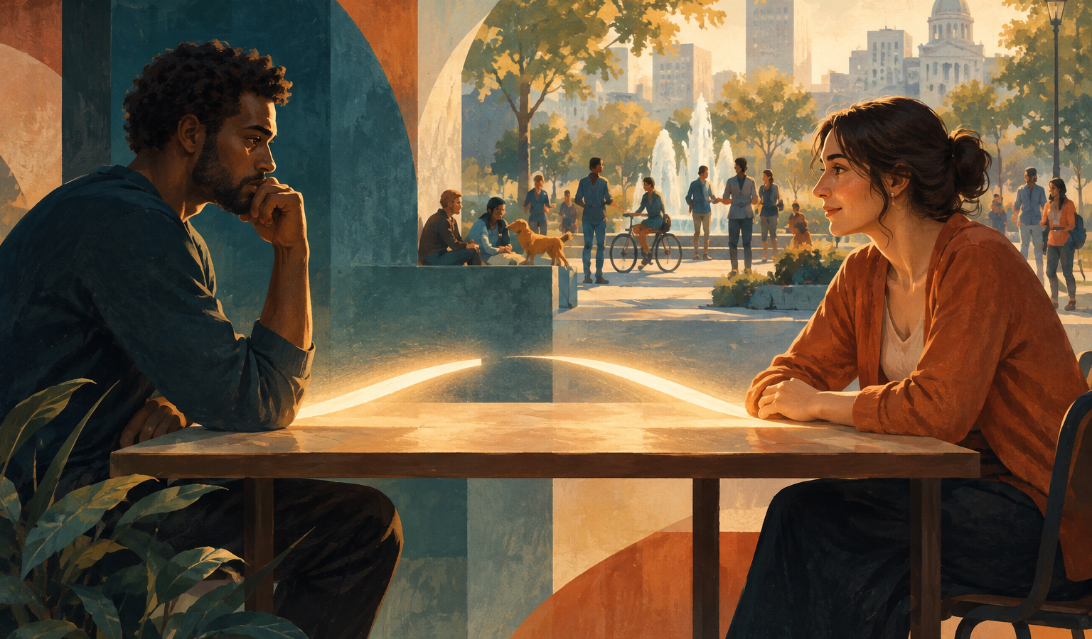 Ilustração de duas pessoas sentadas frente a frente à mesa, ligadas por uma faixa de luz, com uma praça movimentada ao fundo.