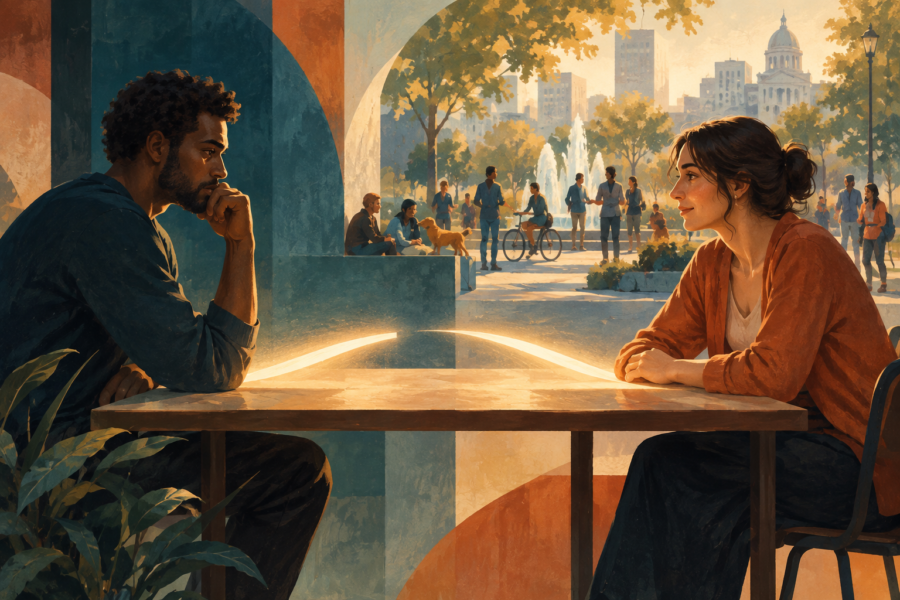 Ilustração de duas pessoas sentadas frente a frente à mesa, ligadas por uma faixa de luz, com uma praça movimentada ao fundo.