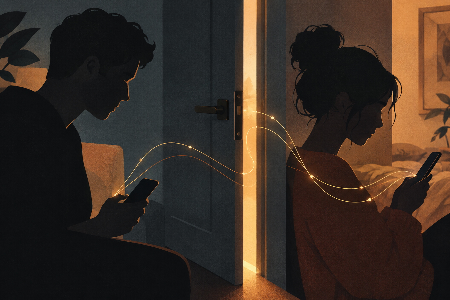 Ilustração de duas pessoas em ambientes separados por uma porta entreaberta, ambas olhando para celulares, ligadas por fios dourados de luz.