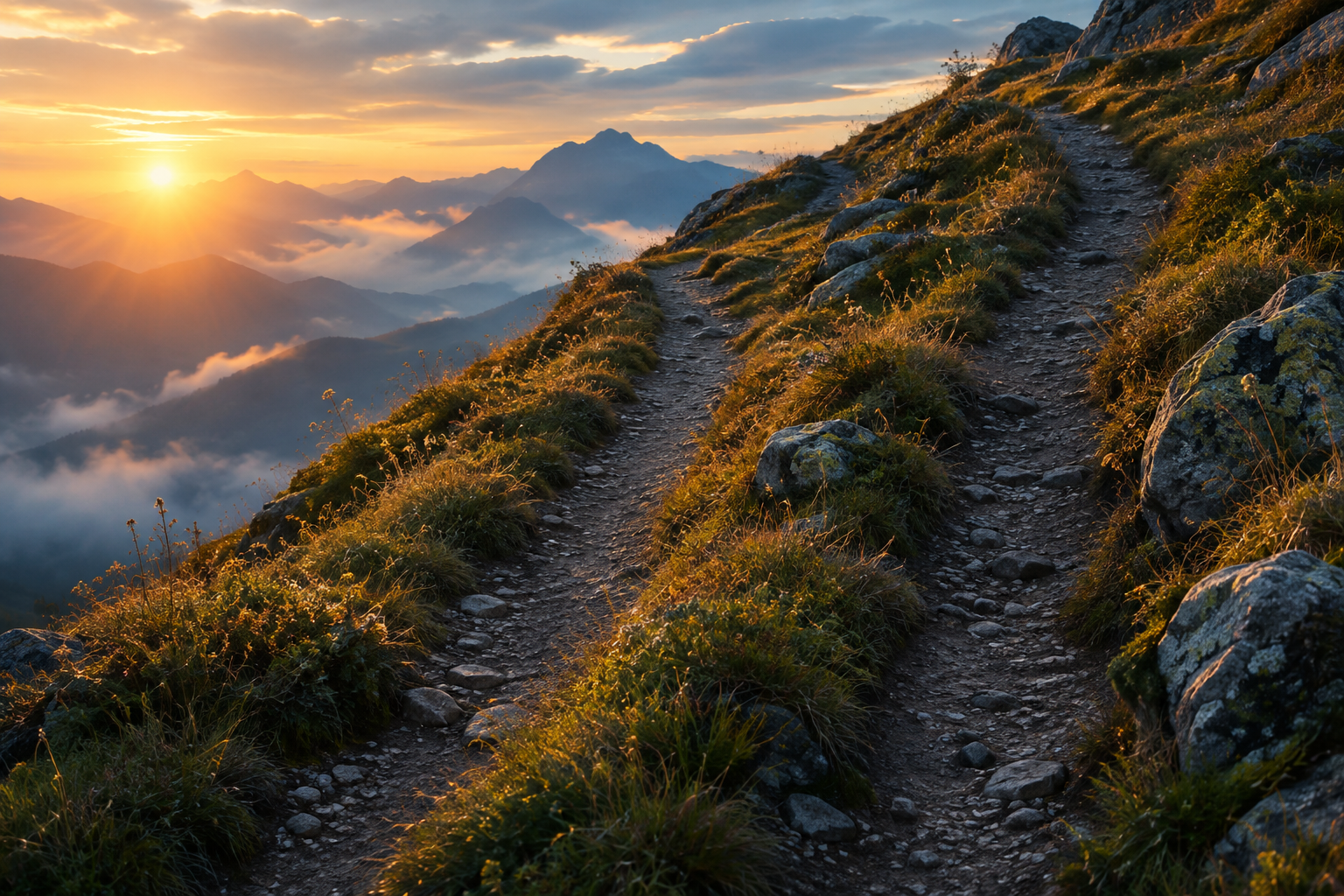 Duas trilhas de terra seguem lado a lado em uma encosta montanhosa ao amanhecer, entre rochas, vegetação e nuvens baixas.