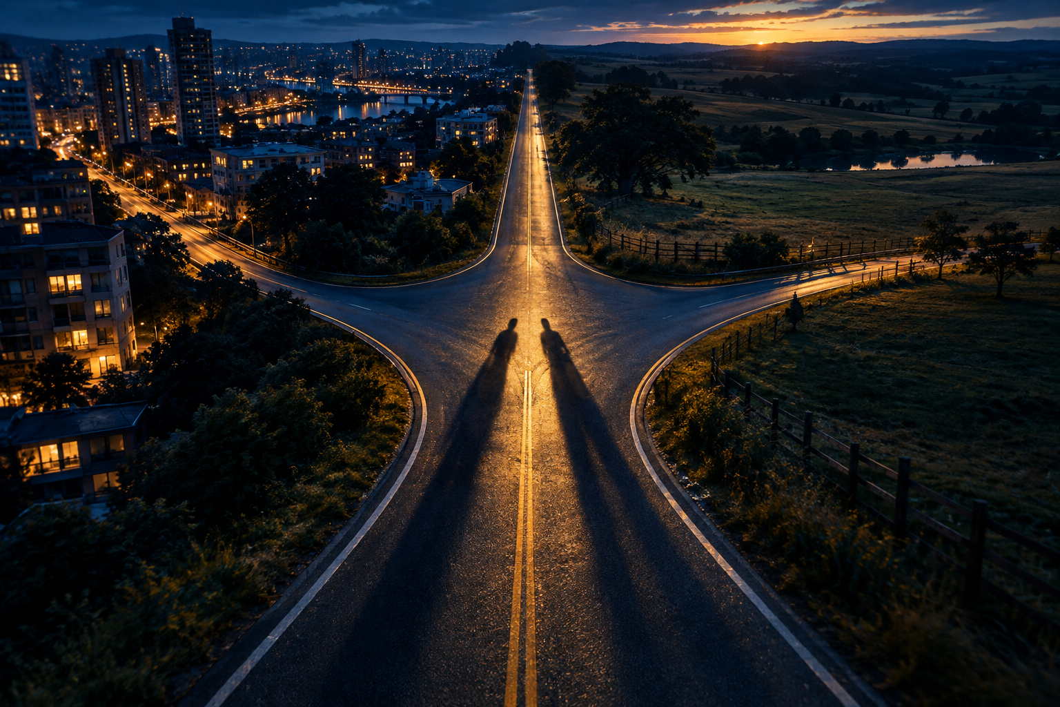 Vista aérea de um entroncamento ao anoitecer entre uma cidade iluminada e campos, com duas sombras longas sobre a estrada central.