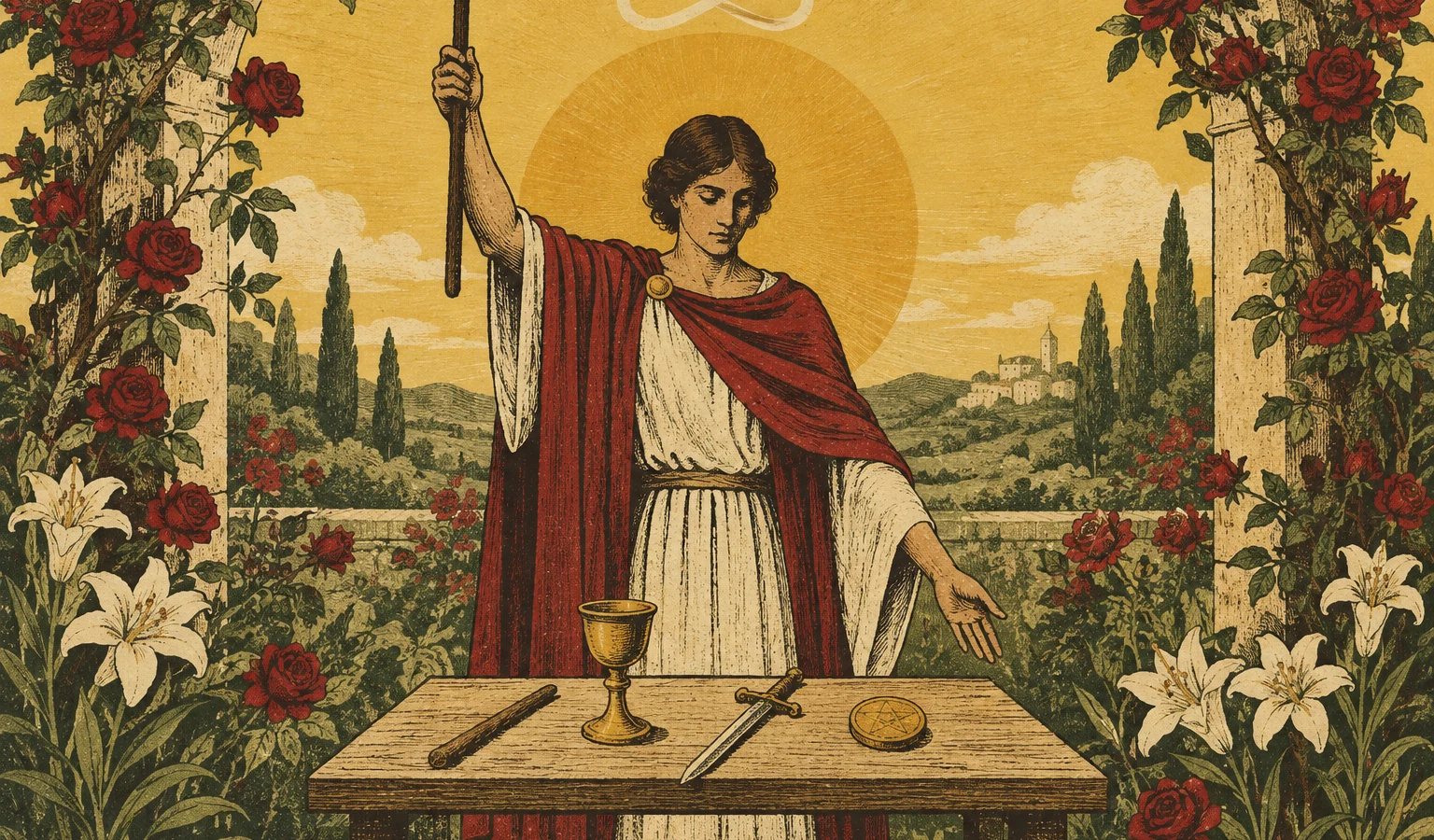 Ilustração de figura com bastão erguido diante de mesa com cálice, espada, bastão e moeda, entre rosas e lírios.