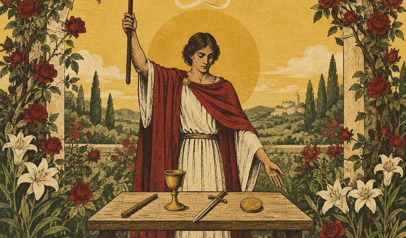 Ilustração de figura com bastão erguido diante de mesa com cálice, espada, bastão e moeda, entre rosas e lírios.