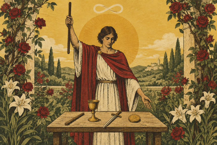 Ilustração de figura com bastão erguido diante de mesa com cálice, espada, bastão e moeda, entre rosas e lírios.
