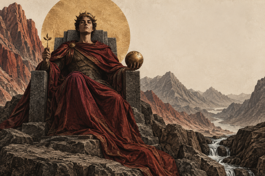 Ilustração de uma figura coroada em trono de pedra, com manto vermelho, um globo na mão e montanhas ao fundo atravessadas por água.