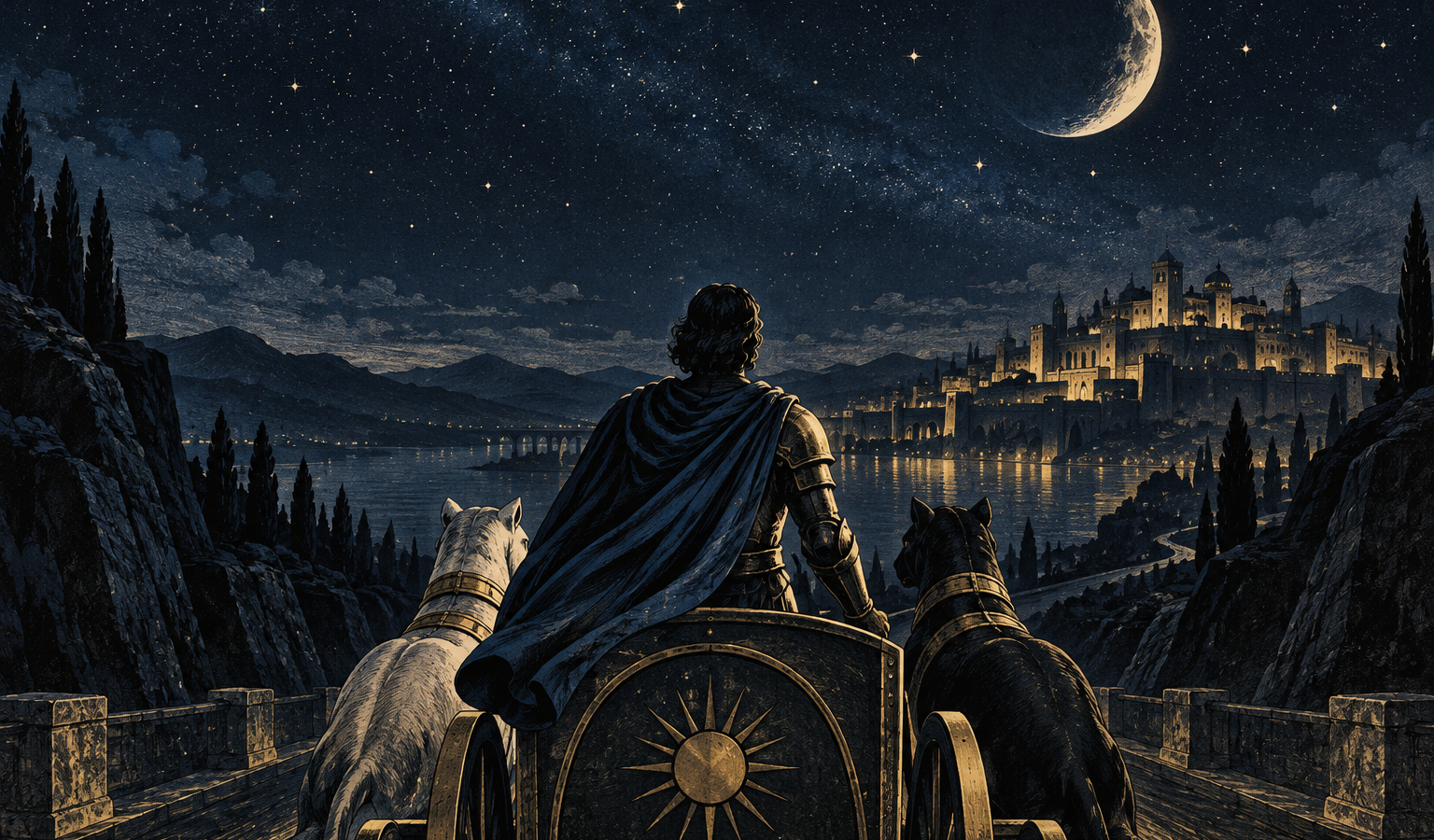 Ilustração de uma pessoa de armadura em uma carruagem puxada por dois cavalos, um claro e outro escuro, diante de uma cidade iluminada à noite.