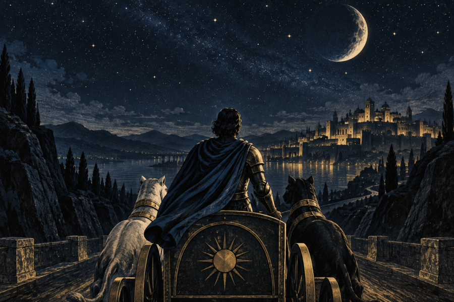 Ilustração de uma pessoa de armadura em uma carruagem puxada por dois cavalos, um claro e outro escuro, diante de uma cidade iluminada à noite.