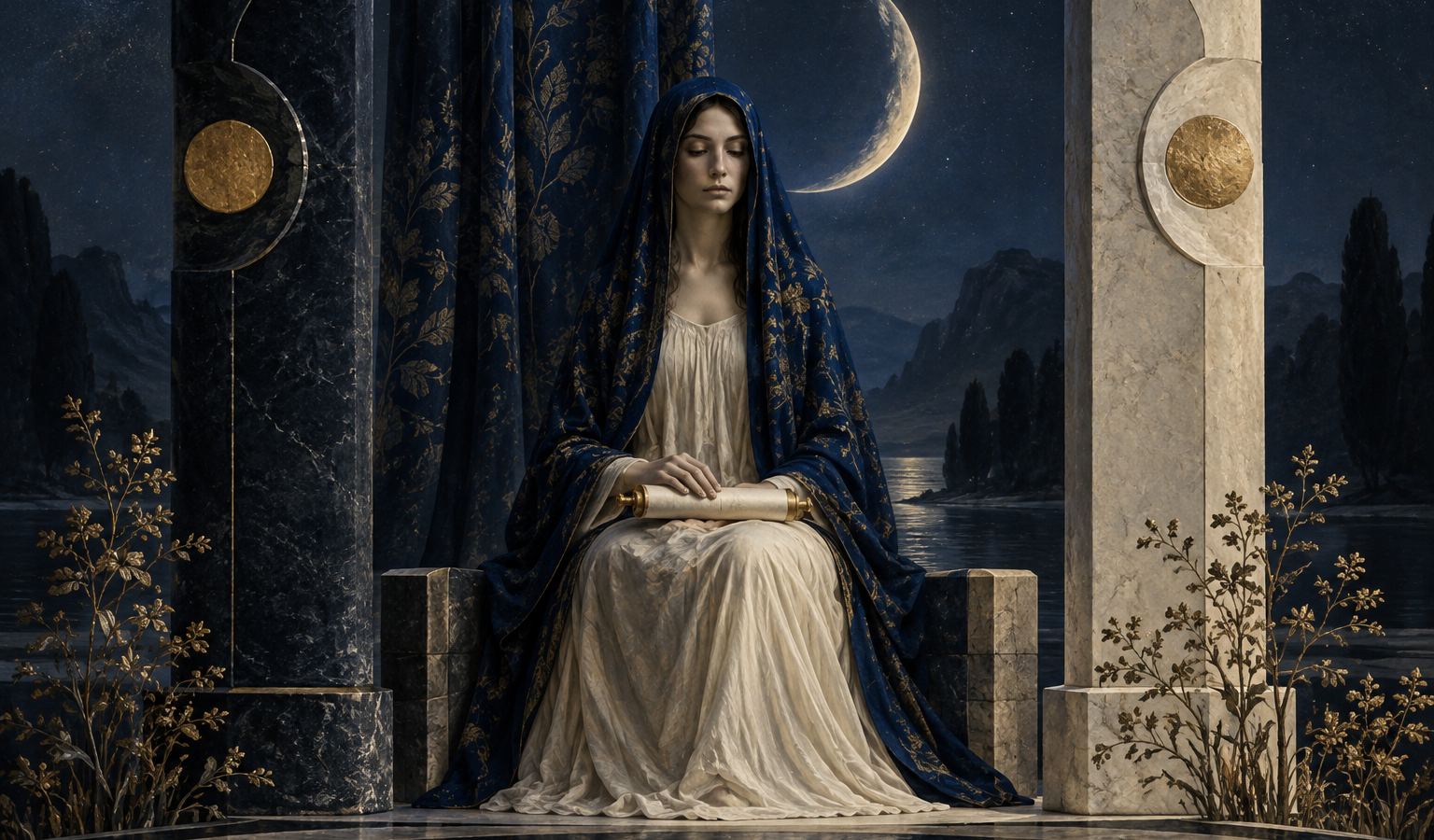 Ilustração de uma figura de olhos baixos sentada entre duas colunas, com pergaminho no colo, véu azul e lua crescente ao fundo.
