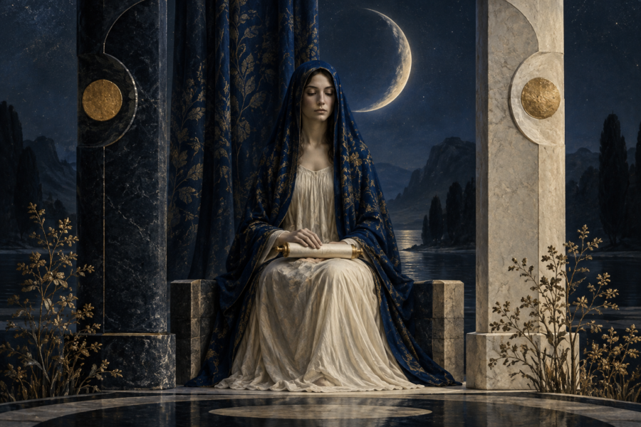 Ilustração de uma figura de olhos baixos sentada entre duas colunas, com pergaminho no colo, véu azul e lua crescente ao fundo.