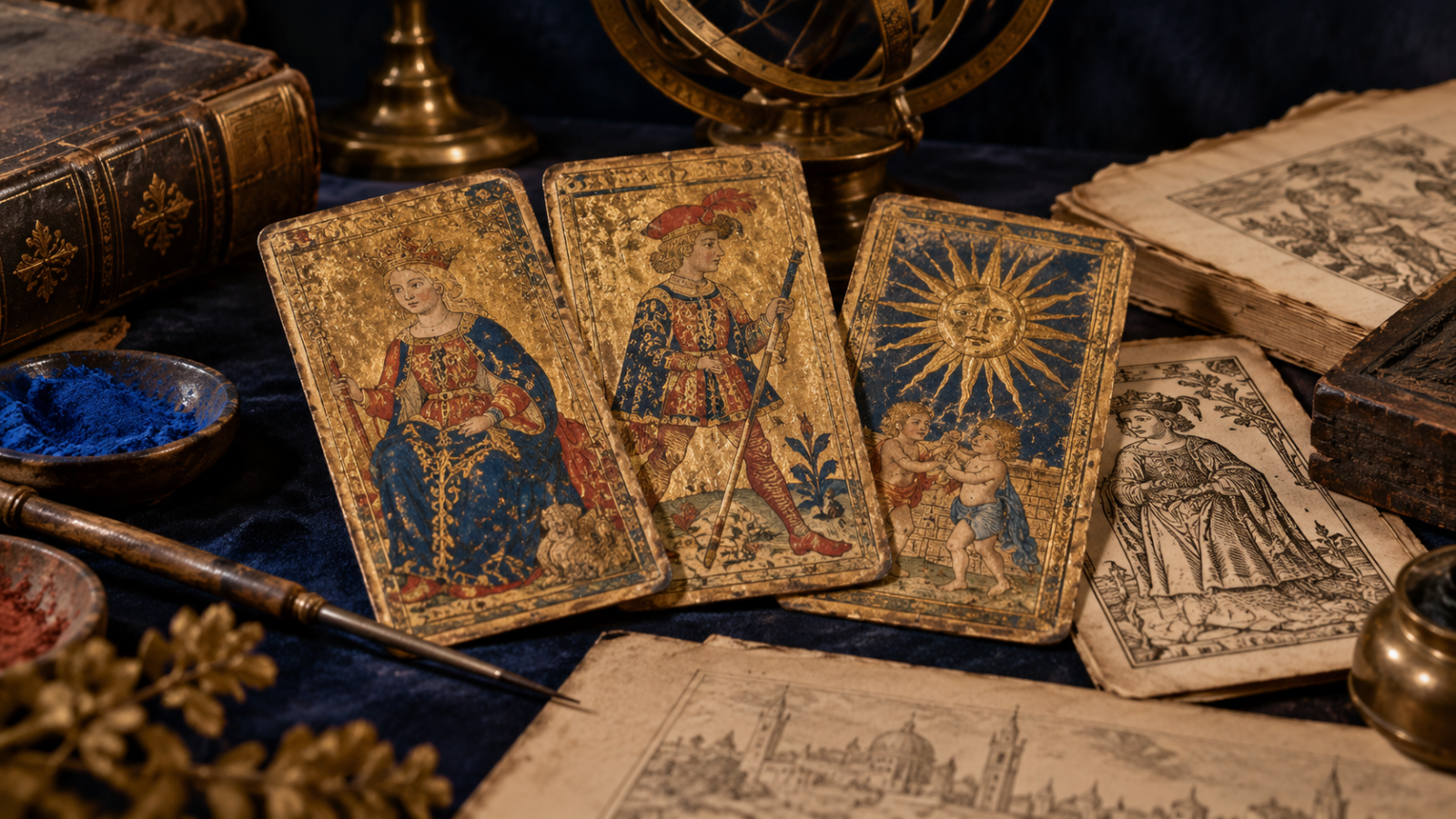 Cartas de Tarô em composição editorial com livros e instrumentos antigos.