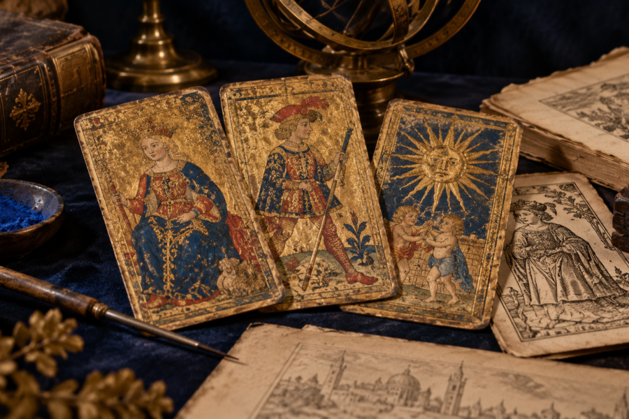Cartas históricas de Tarô dispostas entre livros e instrumentos antigos em composição editorial.