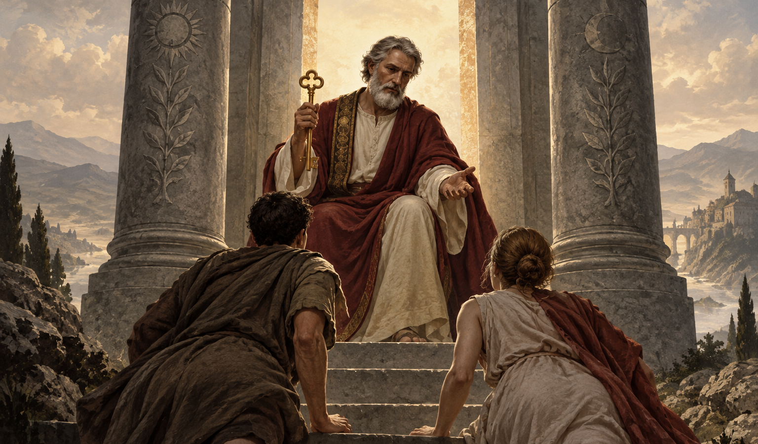 Ilustração de um homem grisalho sentado entre colunas, segurando uma chave dourada diante de duas pessoas nos degraus.