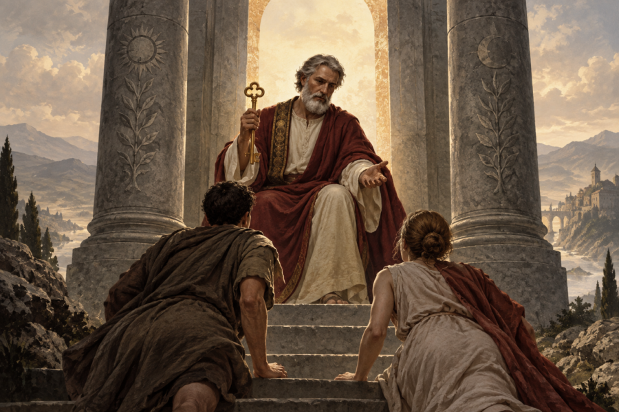 Ilustração de um homem grisalho sentado entre colunas, segurando uma chave dourada diante de duas pessoas nos degraus.