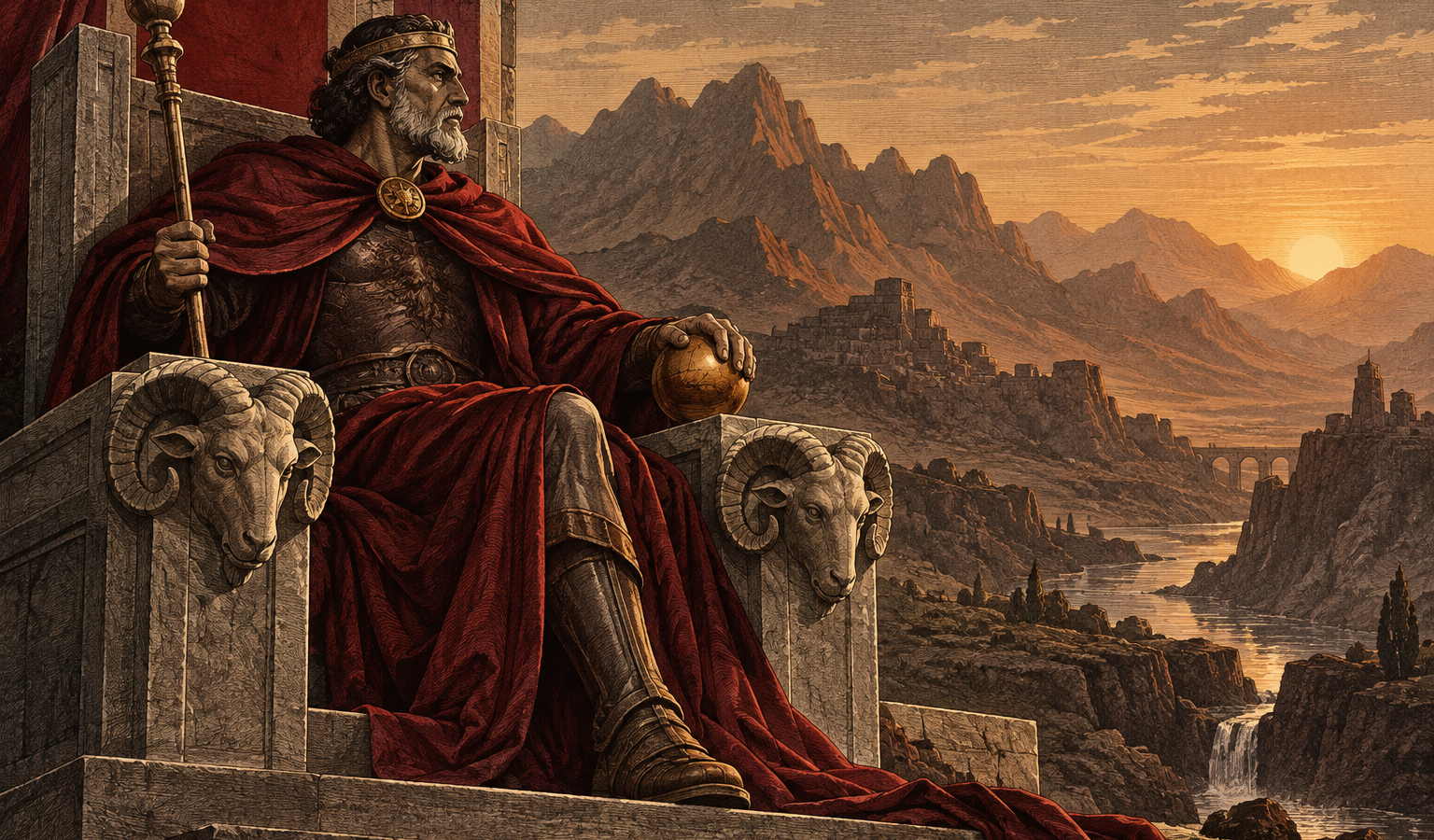 Ilustração de homem coroado e barbado em trono de pedra com cabeças de carneiro, manto vermelho, cetro e esfera, diante de montanhas e um rio ao pôr do sol.