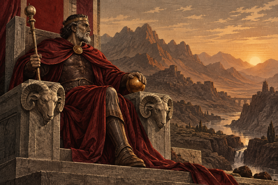 Ilustração de homem coroado e barbado em trono de pedra com cabeças de carneiro, manto vermelho, cetro e esfera, diante de montanhas e um rio ao pôr do sol.