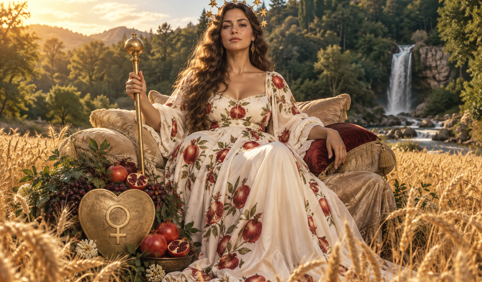 Mulher sentada em poltronas entre trigo dourado, com vestido estampado de romãs, coroa de estrelas, cetro, escudo com símbolo de Vênus e cachoeira ao fundo.