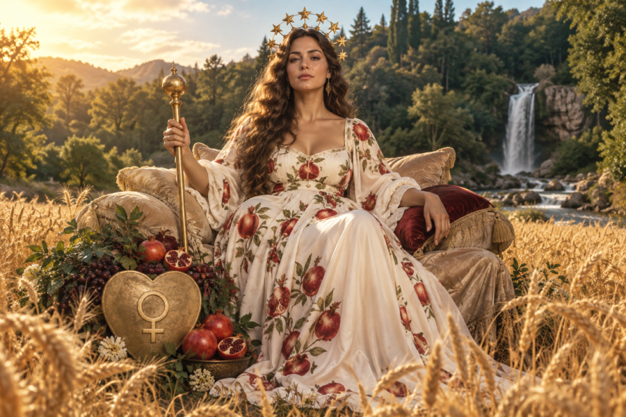 Mulher sentada em poltronas entre trigo dourado, com vestido estampado de romãs, coroa de estrelas, cetro, escudo com símbolo de Vênus e cachoeira ao fundo.