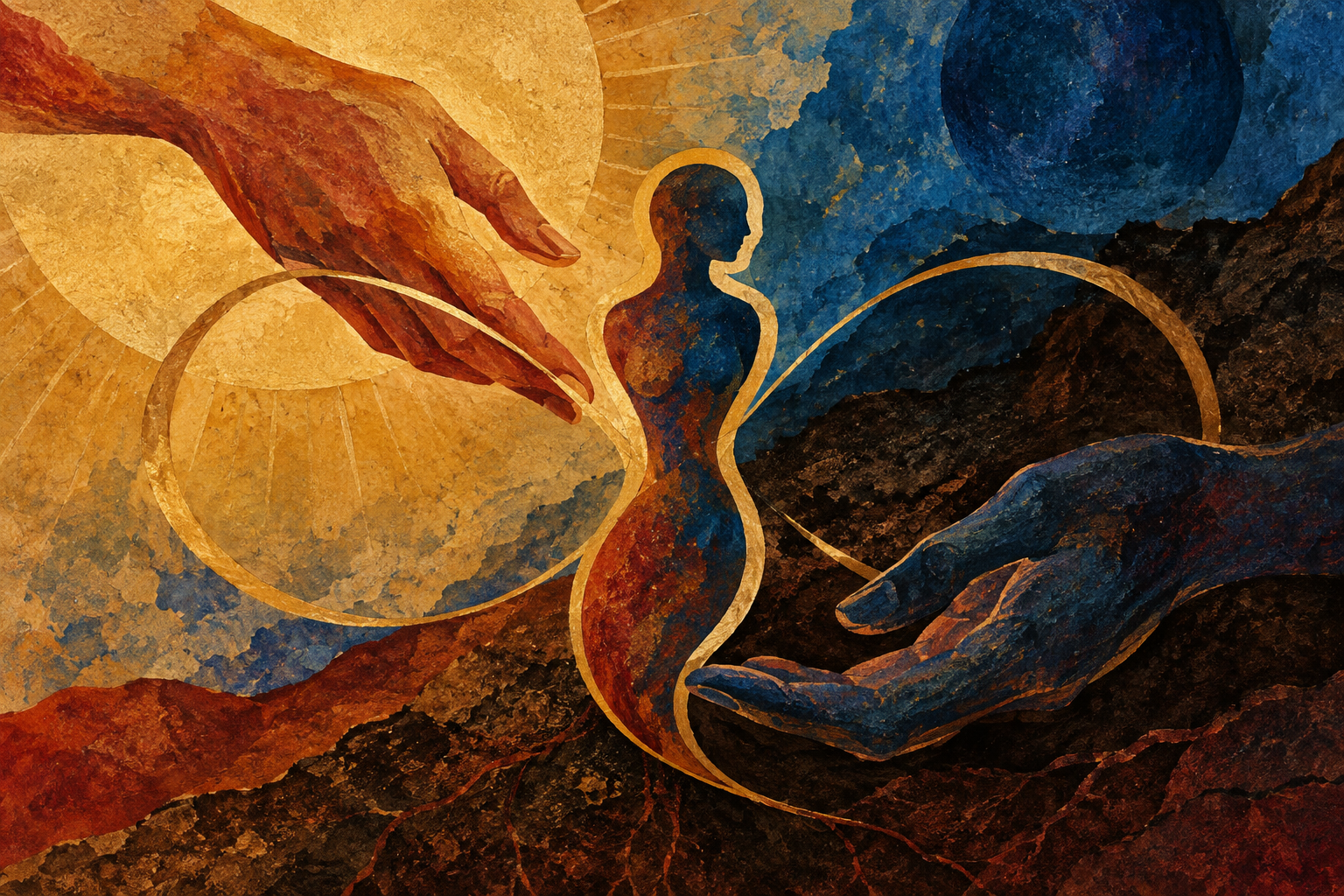 Ilustração abstrata de mãos em tons quentes e azuis envolvendo uma figura central entre formas de céu e terra.