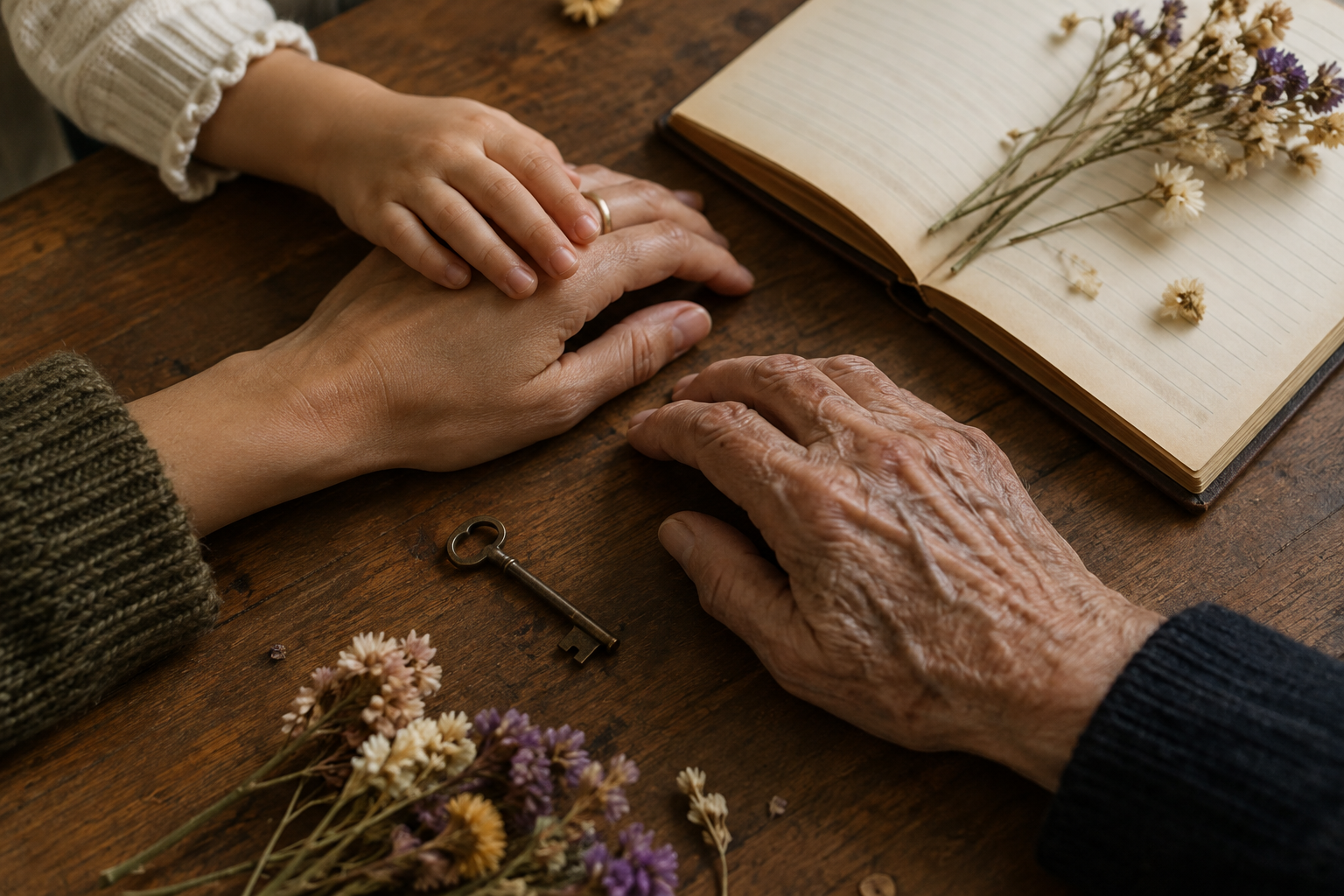 Três mãos de diferentes gerações se tocam sobre uma mesa de madeira, ao lado de um caderno aberto, flores secas e uma chave antiga.