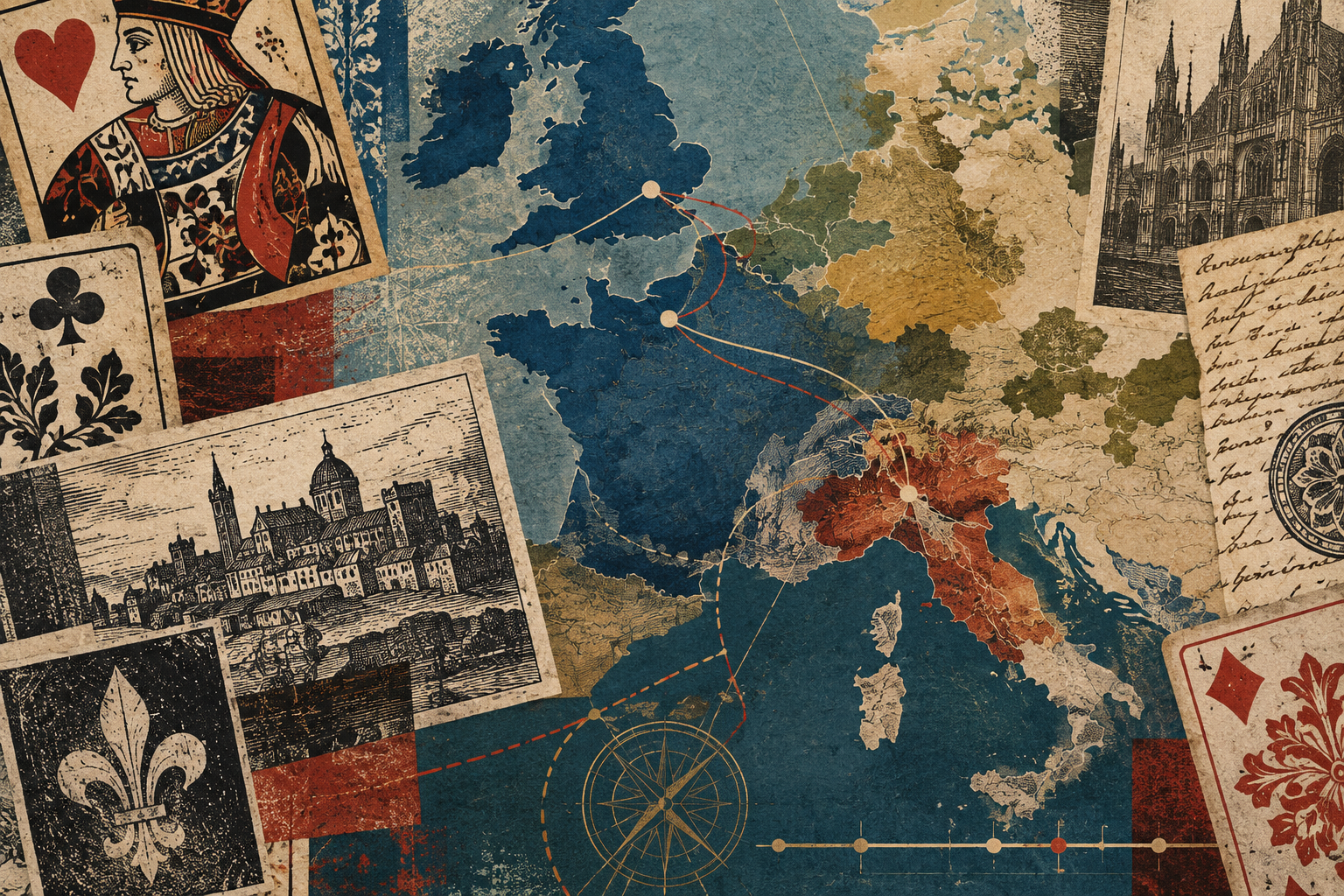 Ilustração editorial com mapa da Europa, cartas de jogar estilizadas, manuscrito, rosa dos ventos e linhas de circulação entre Itália, França e Londres.
