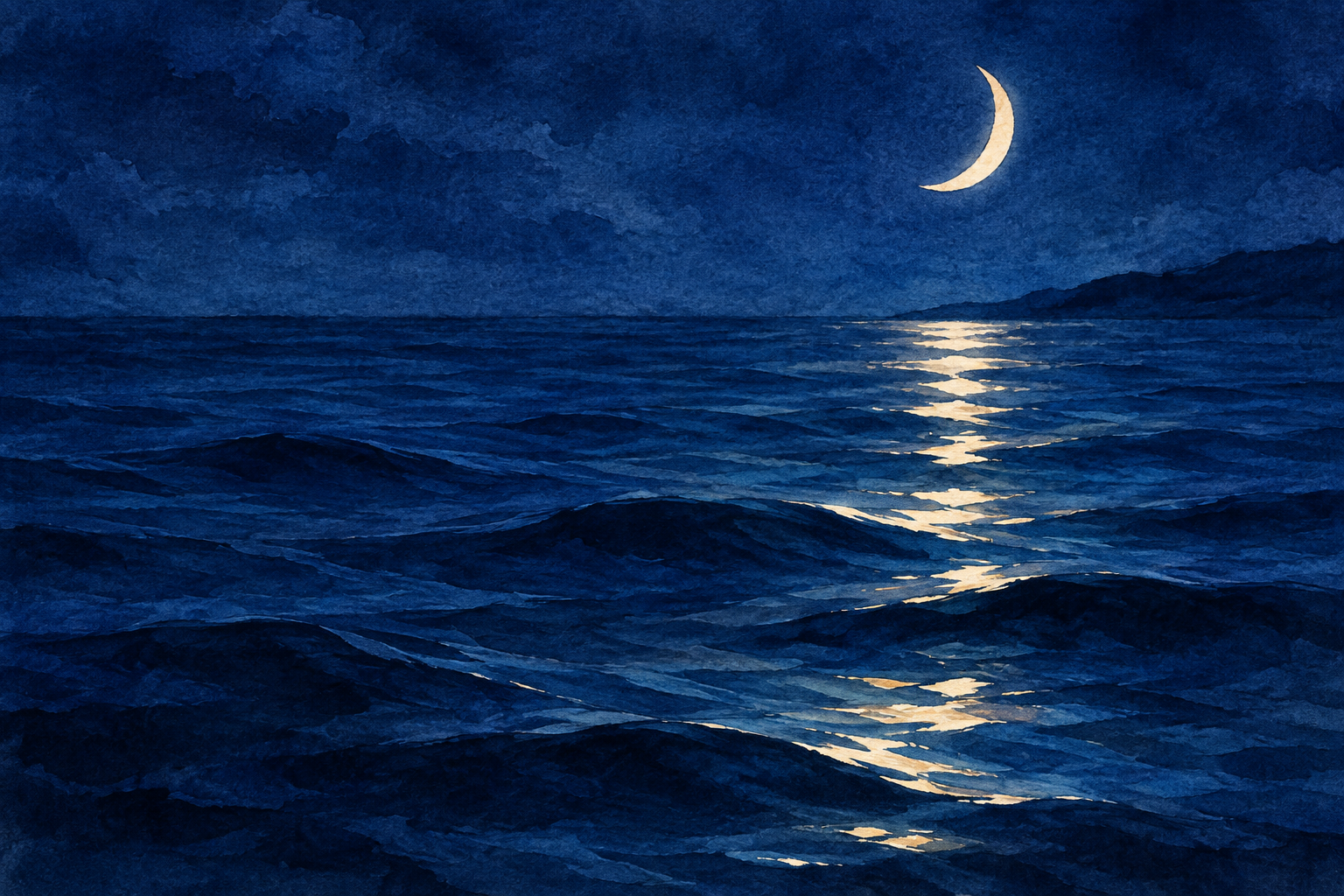Ilustração de mar noturno em tons de azul, com lua crescente e seu reflexo dourado entre ondas suaves.
