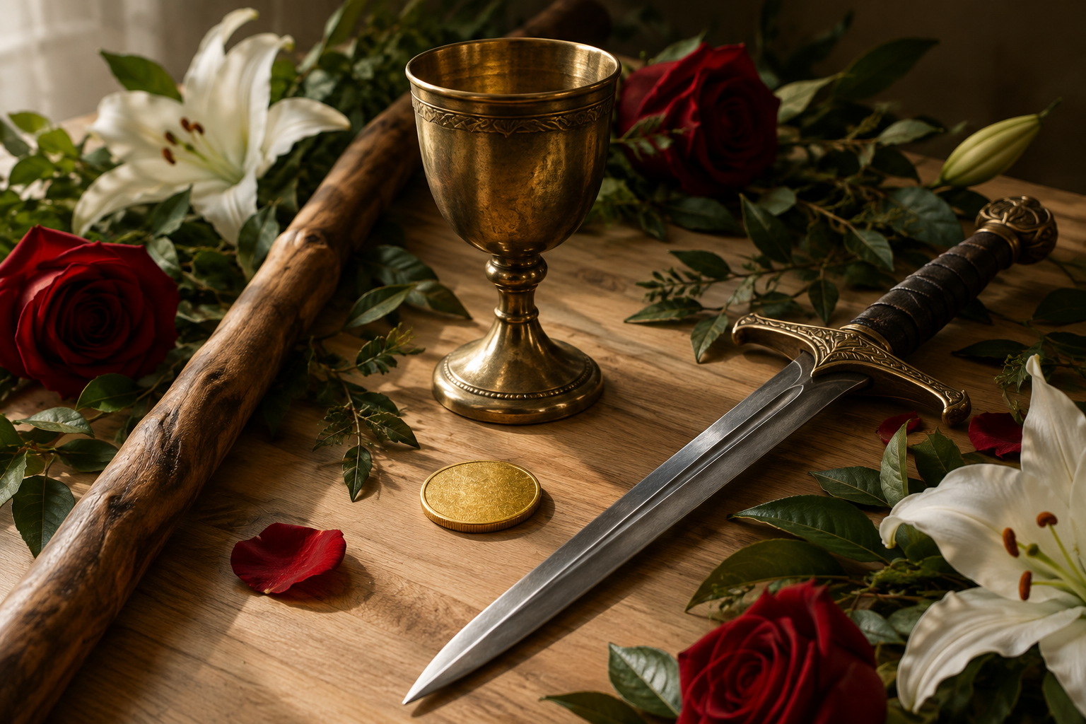 Mesa de madeira com bastão, cálice dourado, espada, moeda e flores vermelhas e brancas.