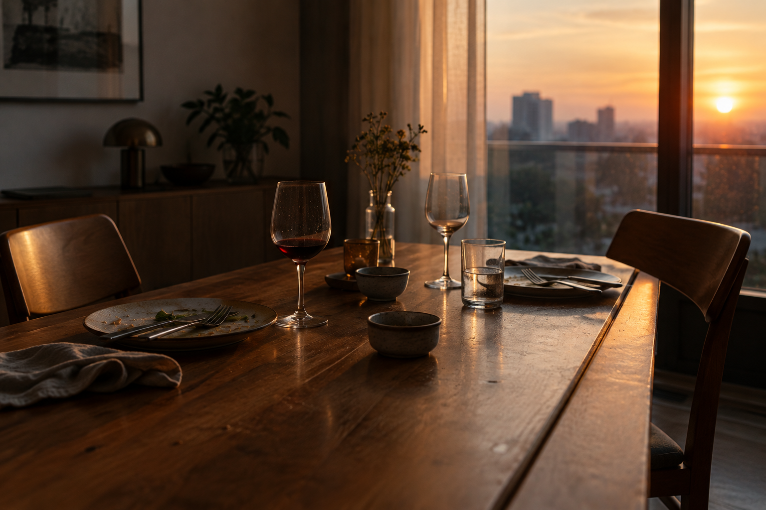 Mesa de jantar parcialmente posta, com duas cadeiras vazias, pratos usados e taças diante de uma janela ao pôr do sol.