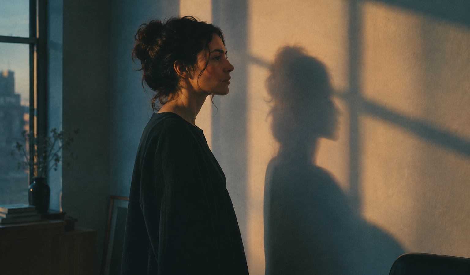 Mulher de perfil em um ambiente interno, diante de uma parede iluminada onde sua sombra é projetada.