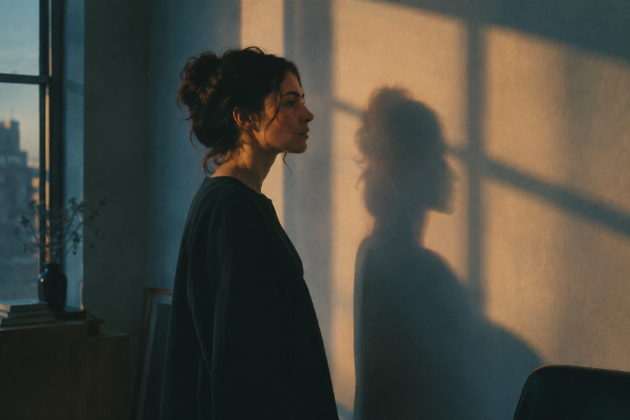 Mulher de perfil em um ambiente interno, diante de uma parede iluminada onde sua sombra é projetada.