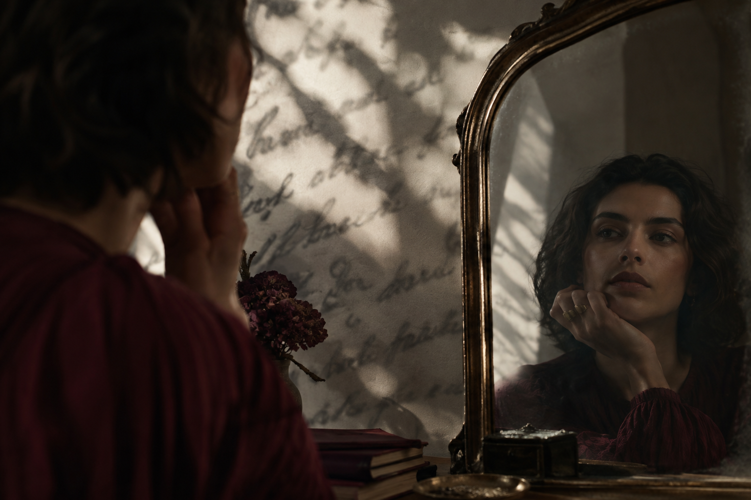 Mulher de blusa vinho observa o próprio reflexo em um espelho antigo, diante de uma parede com escrita desfocada e sombras de folhas.