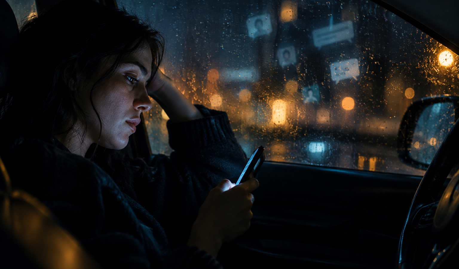 Mulher sentada em um carro à noite olha para o celular; o vidro molhado reflete luzes e formas desfocadas.