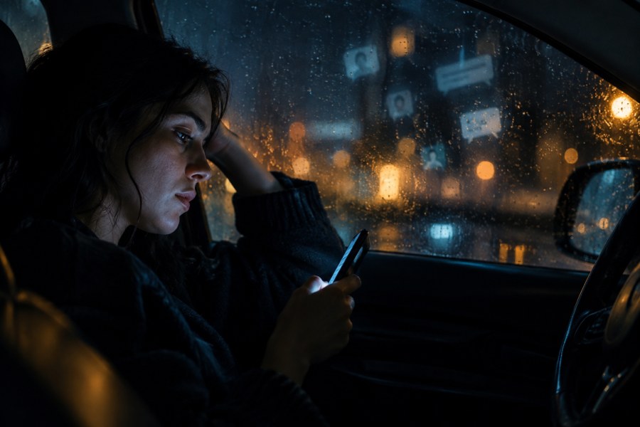 Mulher sentada em um carro à noite olha para o celular; o vidro molhado reflete luzes e formas desfocadas.