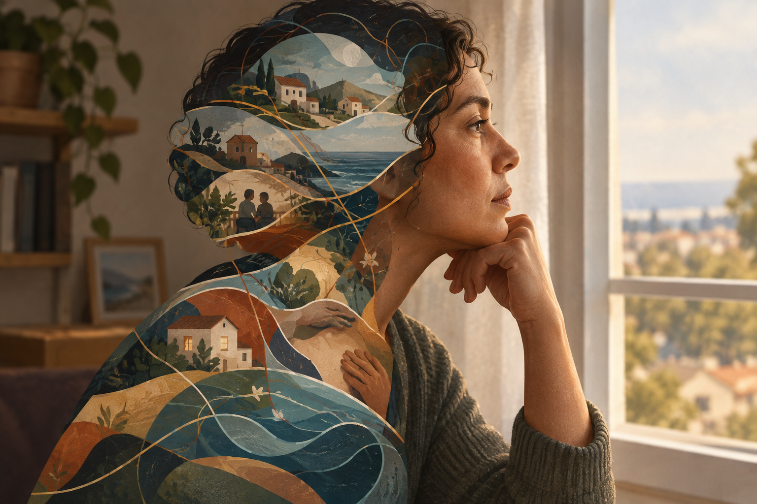 Ilustração editorial de uma mulher de perfil diante da janela, com paisagens, casas, mar e figuras entrelaçados à silhueta.