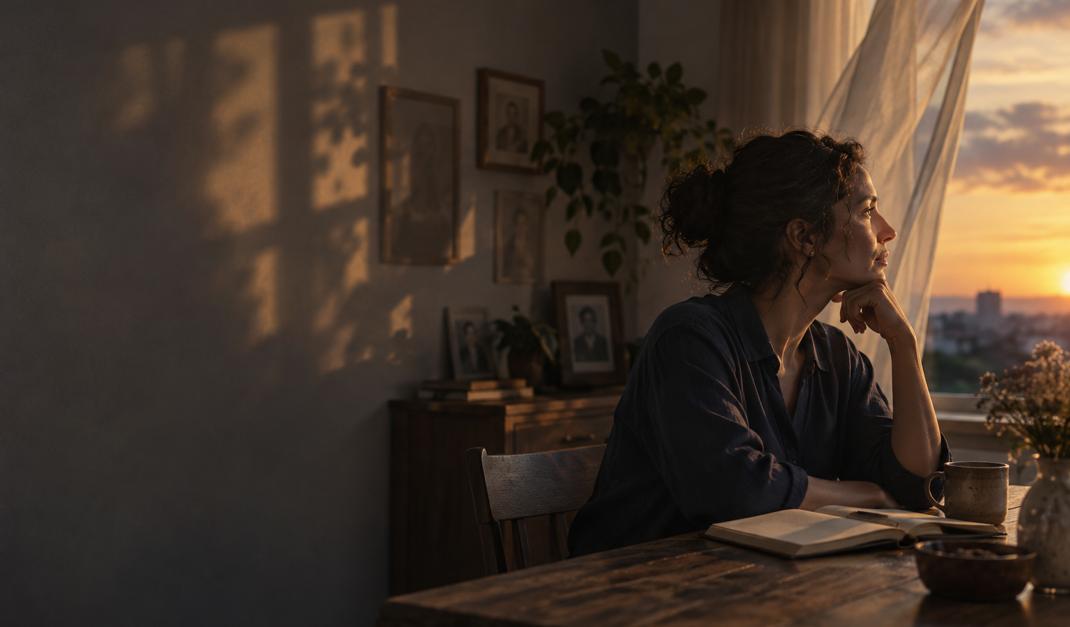 Mulher sentada à mesa ao entardecer, olhando pela janela ao lado de um caderno aberto e de retratos emoldurados na parede.