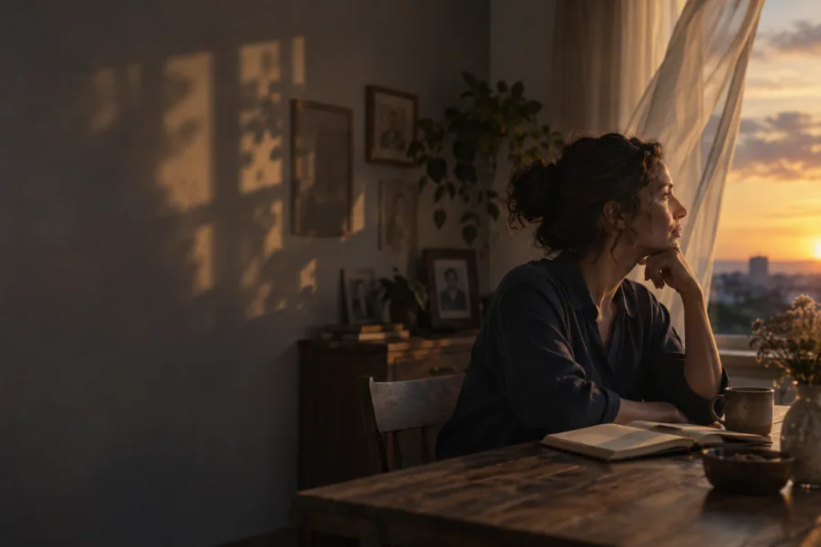 Mulher sentada à mesa ao entardecer, olhando pela janela ao lado de um caderno aberto e de retratos emoldurados na parede.