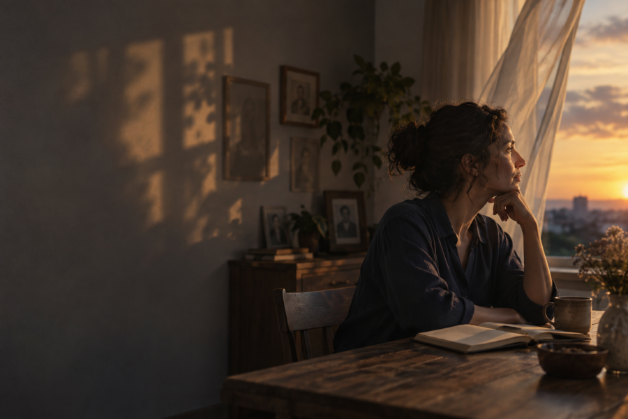 Mulher sentada à mesa ao entardecer, olhando pela janela ao lado de um caderno aberto e de retratos emoldurados na parede.
