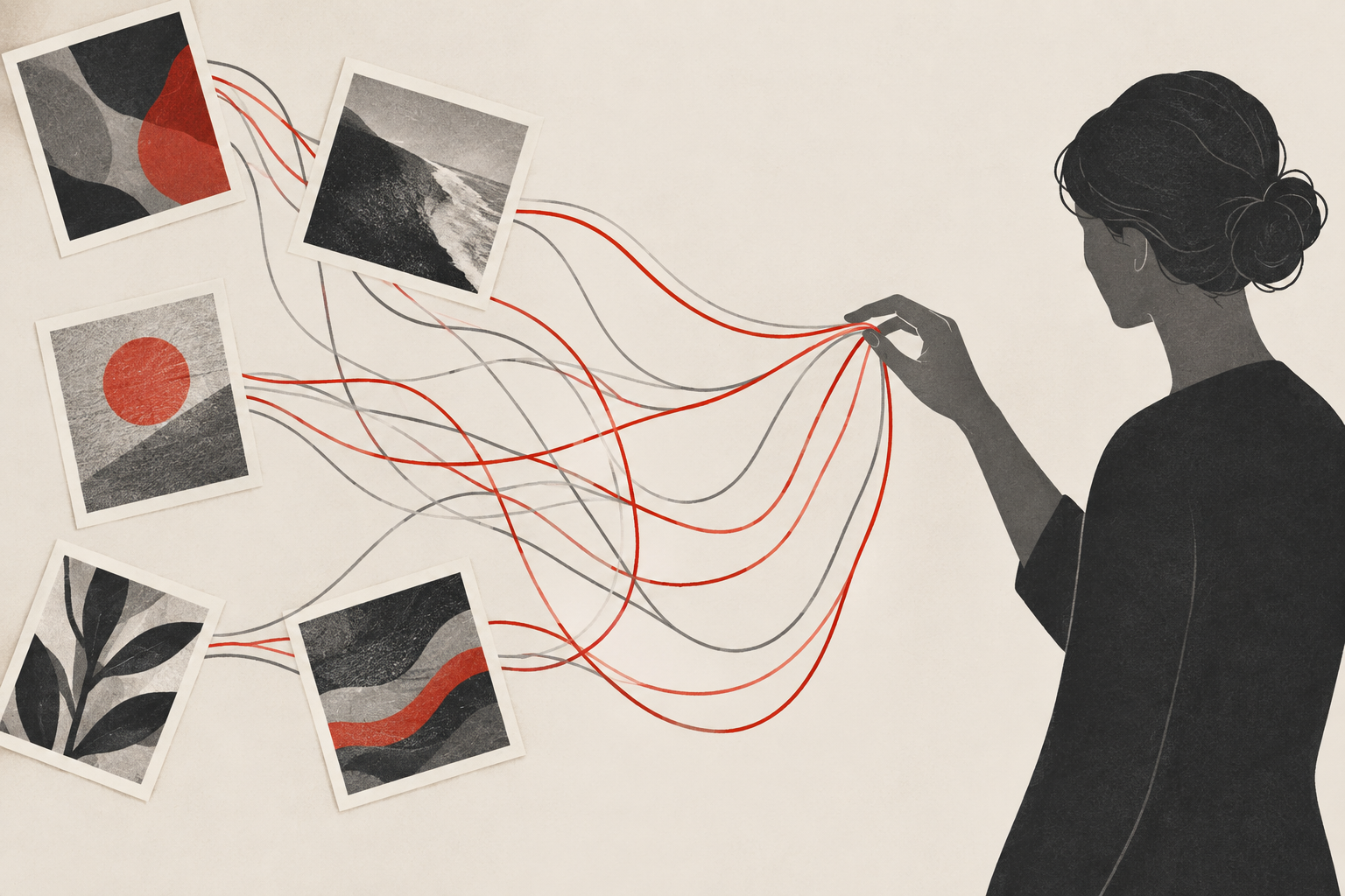 Ilustração de uma mulher vista de costas segurando fios vermelhos e cinzas ligados a imagens abstratas dispostas à esquerda.