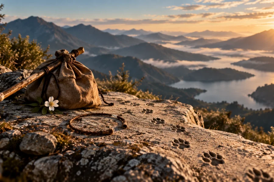 Bolsa e bastão sobre pedra, com flor branca, cordão e marcas de patas diante de uma paisagem montanhosa.