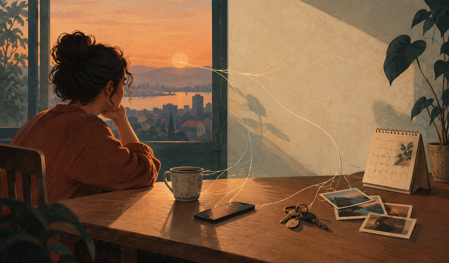 Ilustração de pessoa sentada à mesa diante da janela ao entardecer, com fios delicados ligando telefone, chaves, calendário e fotografias.